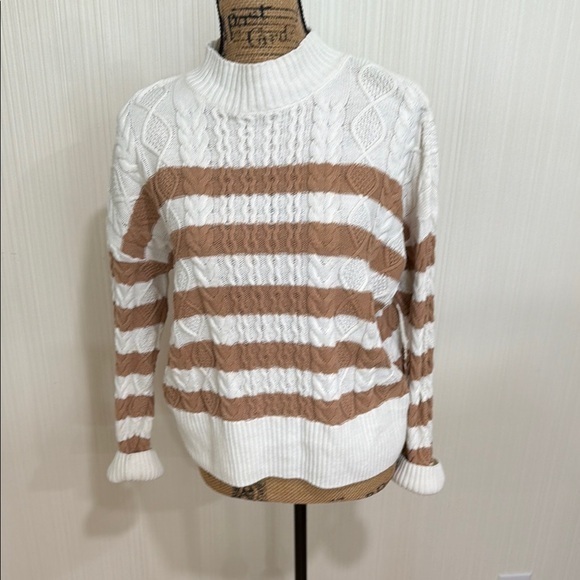 Tahari Sweaters - Tahari Cream and Brown Striped Cotton Sweater